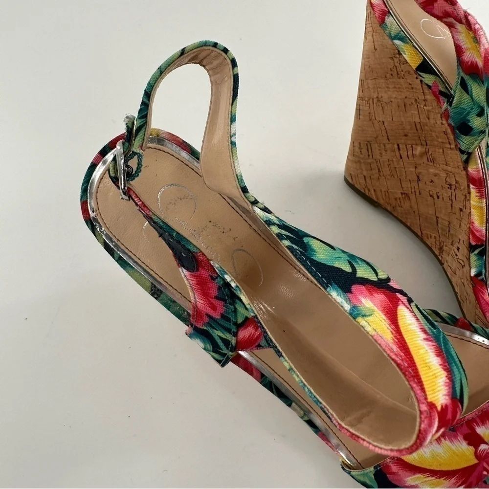 Jessica Simpson Jeisha sandals 10 40 multicolored floral tropical cork wedges
